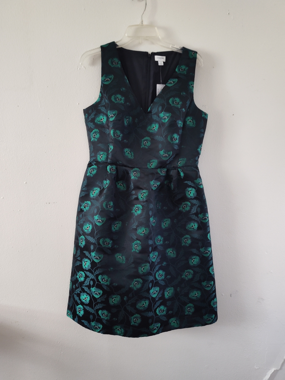 J. Crew Teal and Black Floral Jacquard V-Neck Sheath Dress